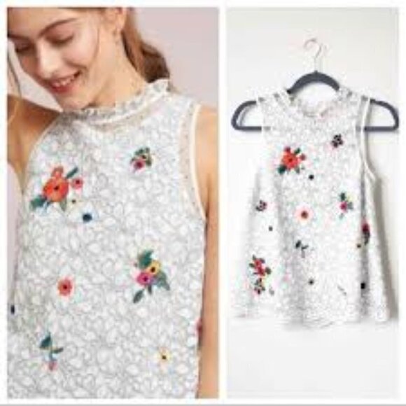 Anthropologie Maeve Macie Lace Embroidered Sequin Beaded Top Floral Size 0 - Picture 1 of 11